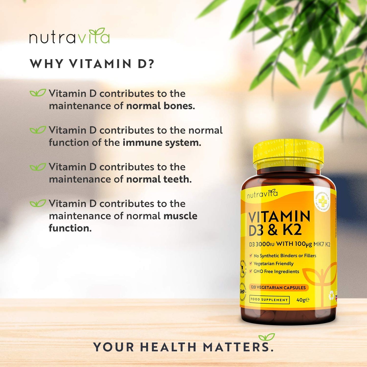 Vitamin D3 3000iu & K2 100ug (MK7) – 120 Vitamin D3 K2 Vegetarian Capsules – Supports Normal Bones, Muscles, Teeth and Immune System – Cholecalciferol & Menaquinone-7 – Made by Nutravita
