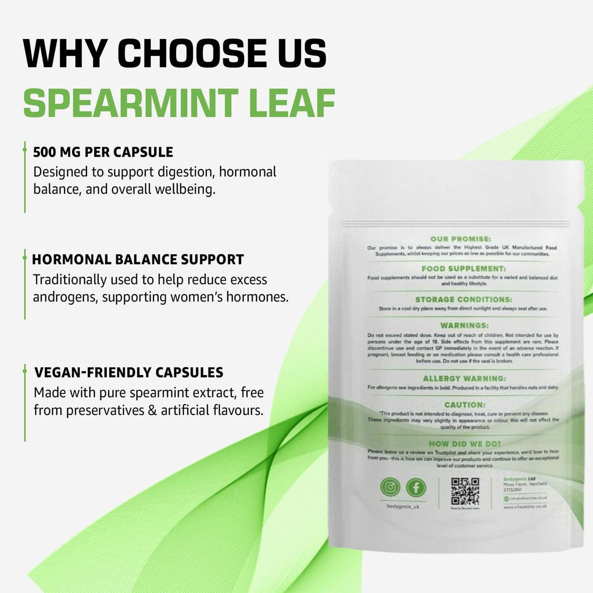 Bodygenix Spearmint Leaf Capsules - 500mg Hormonal Balance Digestive Health Fatigue & Stress Relief Support Antioxidant Formula Natural Food Supplement - 60 Capsules 2 Month Supply