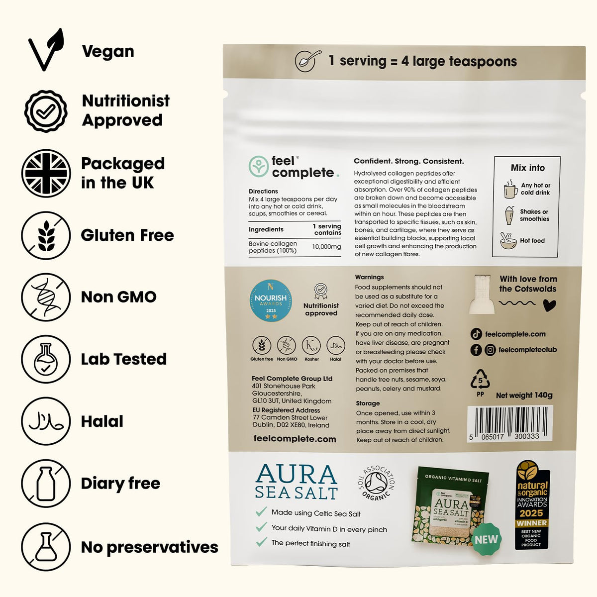 Feel Complete | High Protein Collagen Powder | No Sugar, No Sweeteners | Unflavoured | Grass Fed & Hydrolysed | Premium Type 1 & 3 Bovine Peptides | Halal | Skin, Hair & Nails | 140g | 14 Servings