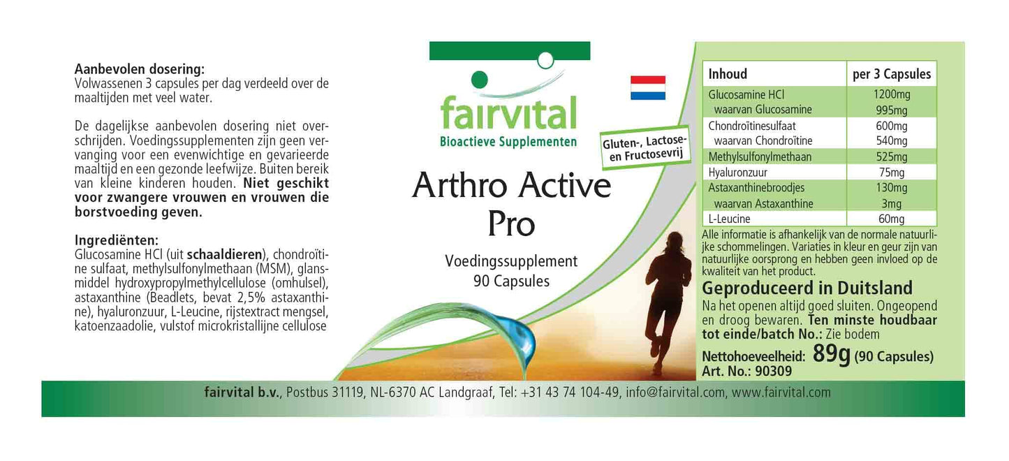 Fairvital | Arthro Active Pro - Glucosamine 1200 mg per Daily dose with chondrotin sulfate and MSM + hyaluronic Acid + astaxanthin - HIGH-Dosage - 90 Capsules - German Quality