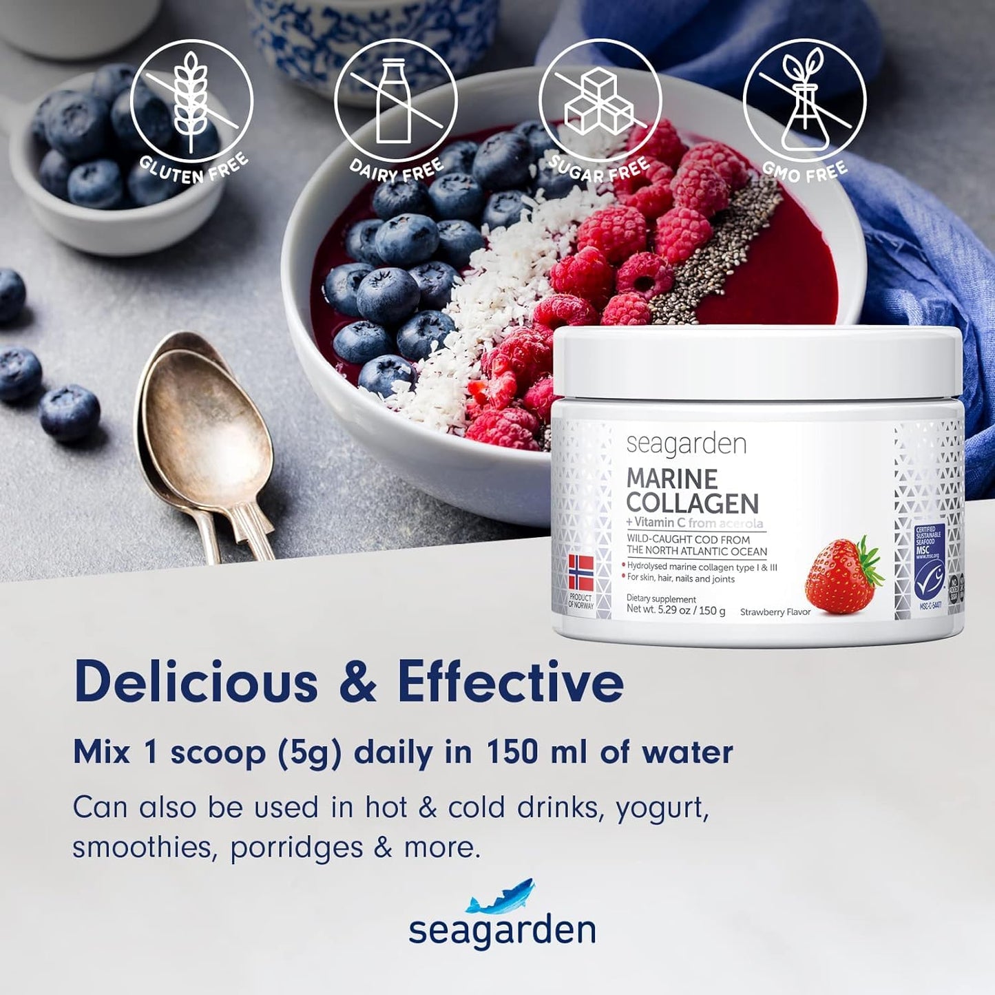Seagarden Marine Collagen Powder + Vitamin C | Collagen Peptides Powder (Type I & III) | Wild-Caught Arctic Cod | Collagen Supplements| Skin, Hair, Nails, I Strawberry Taste I 150g
