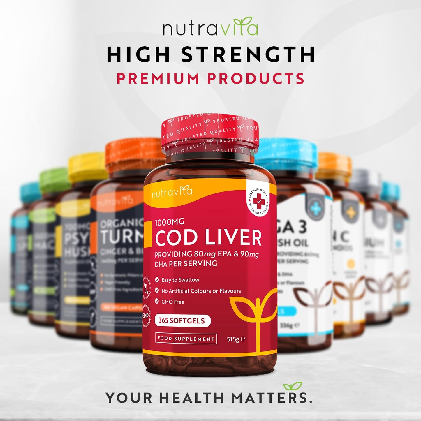 Cod Liver Oil 1000mg - 365 Softgels of Premium Cold Pressed Fish Oil - Rich in High Strength Omega 3, Vitamins A, D, E & Garlic Oil - Supports Heart & Brain Health - Made in The UK by Nutravita