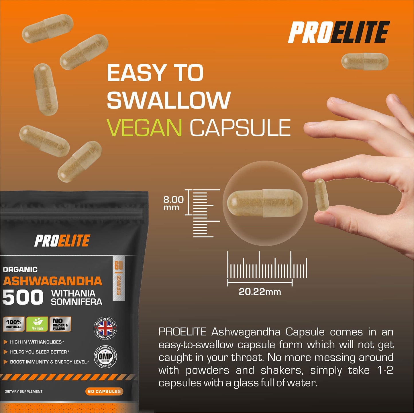 PROELITE Ashwagandha 180 Vegan Capsules Ashwagandha Root Powder Capsule 10% Withanolides 500mg High Strength 10,000mg Extract 20:1 | Stress Relief, Energy, Strength & Endurance by PRO-Elite