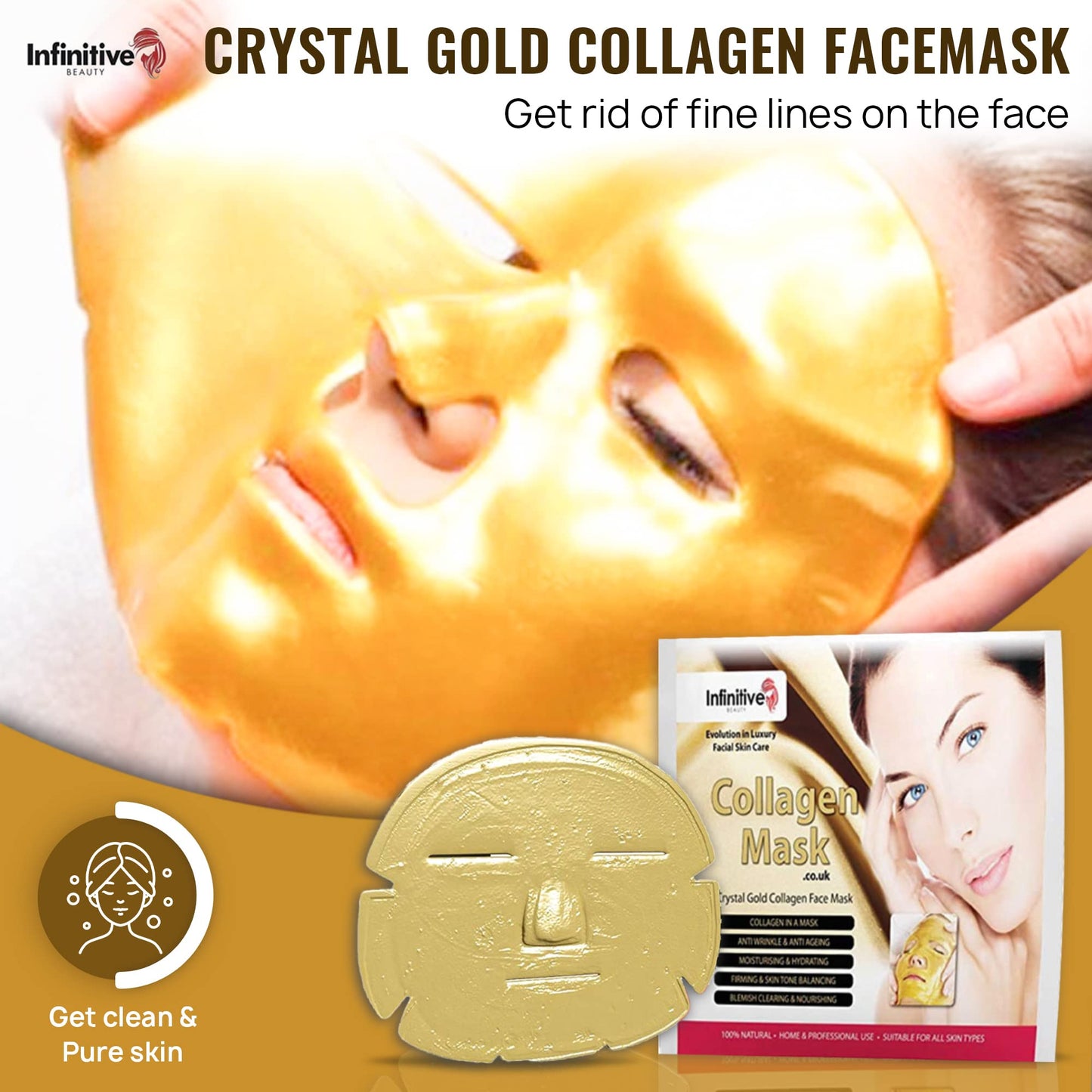 Glamza Infinitive Beauty Collagen Face Masks – Gold Face Mask Hydrates, Rejuvenates & Moisturises Skin (x2)