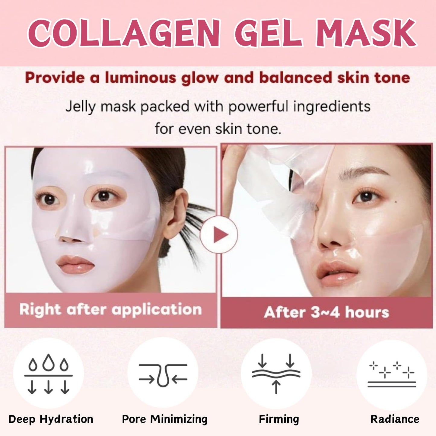 Trendyfave Collagen Face Mask, Pink Collagen Jelly Gel Mask, Korean Face Mask, Collagen Mask - Collagen Overnight Face Mask, Pore Minimizing, Moisturize, Firm & Enhance Skin Vitality, Face Masks Beauty 4Pcs