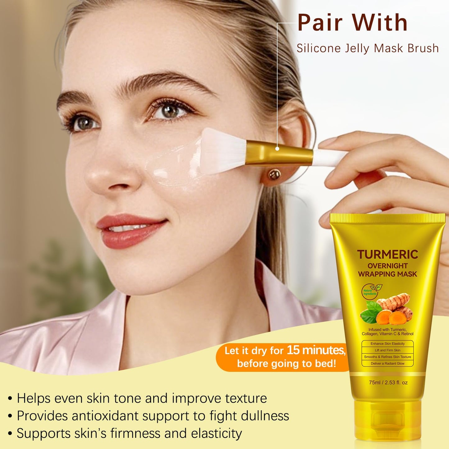 Uocasi Turmeric Collagen Overnight Wrapping Mask,Kojic Acid Turmeric Night Wrapping Peel Off Mask -Gentle On The Skin,Brighten Skin,Moisturizing,Nourishes Dull,Uneven Skin,Firming Skin For Glowing Skin -75ML