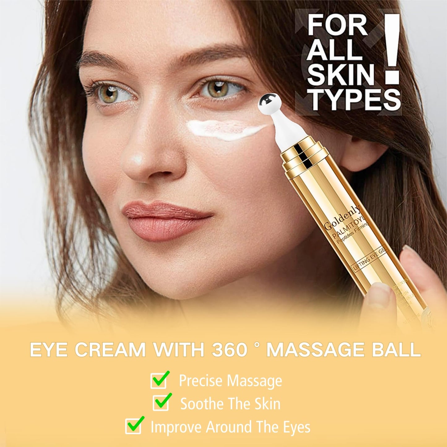 Trendyfave Golden Caffeine Eye Serum, Eye Cream With Palmitoyl Peptide, Caffeine Eye Cream For Dark Circles And Puffiness, Eye Care Eye Cream Anti Aging With 360°Massage Ball Reduce Eye Bags, Fine Lines