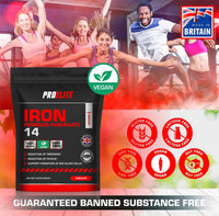 Iron Tablets High Strength 14mg - 180 Tablets - Vegan Iron Energy Tablets for Tiredness and Fatigue - High Absorption Iron Supplements for Women and Men - Made in The UK by PROELITE