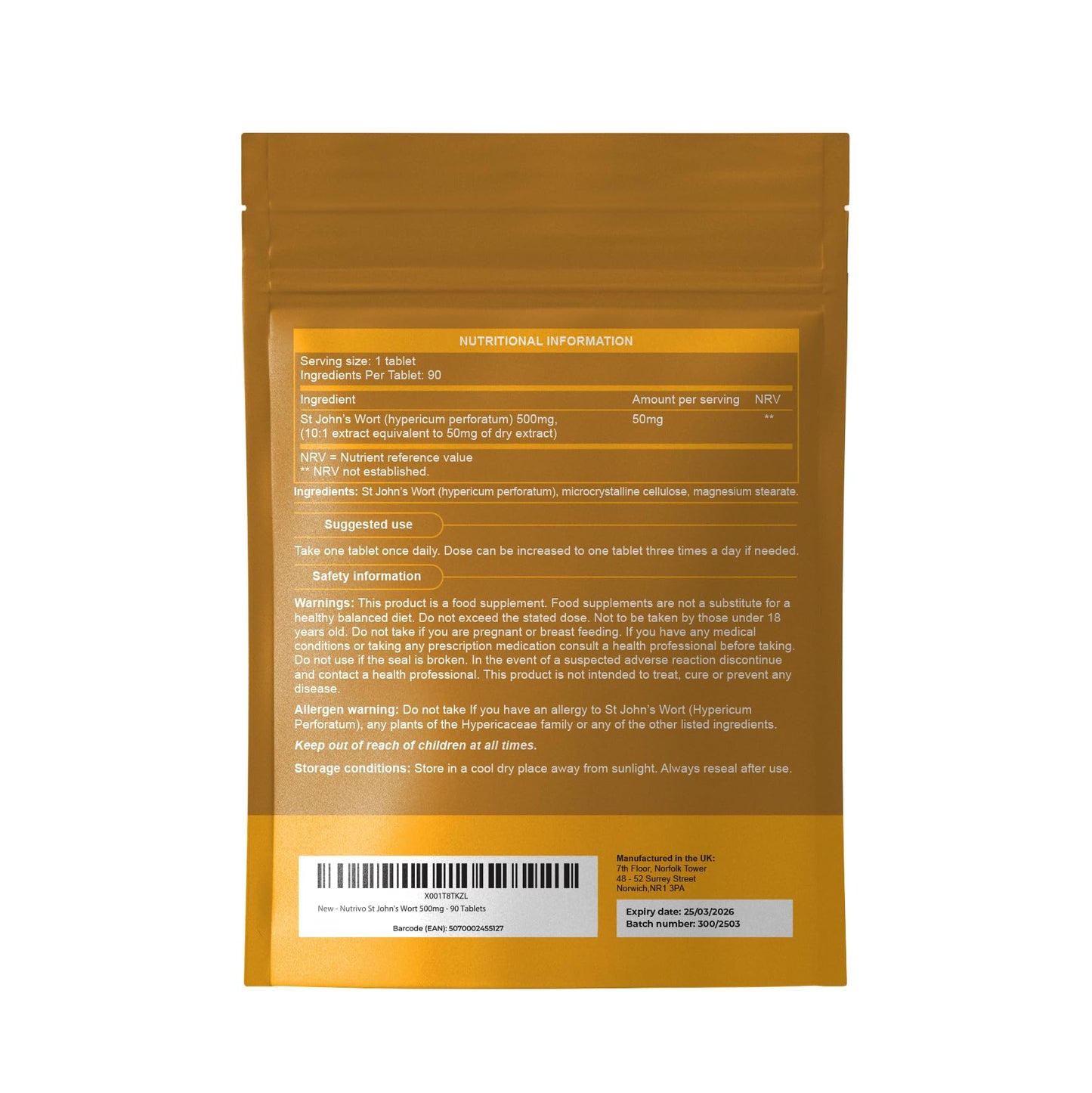 Nutrivo St Johns Wort 500mg - 90 Tablets | 3 Month's Supply | Vegan | UK Made