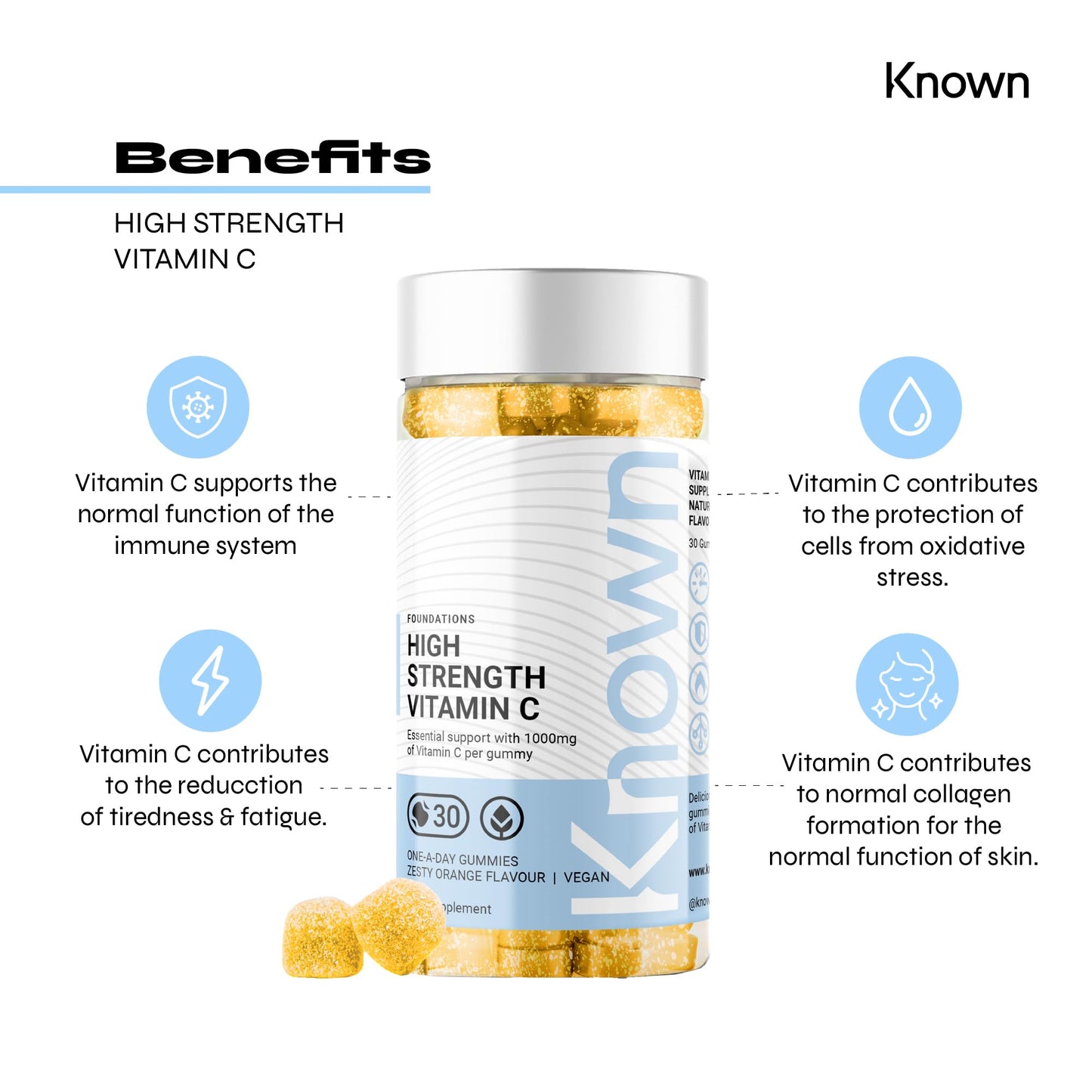 Known - High-Strength 1000mg Vitamin C Gummies - 30 x One-A-Day - Natural Orange Flavour - Immune Support, Antioxidant Protection and Skin Health - Vegan/Halal - Natural Flavour