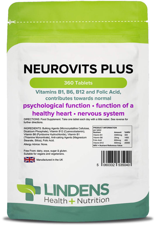 Lindens Neurovits Plus Tablets - 360 Pack - Contains Vitamin B1, B6, B12 & Folic Acid Contributes Towards Normal Psychological Function, Healthy Heart & Nervous System - UK Manufacturer, Letterbox Friendly