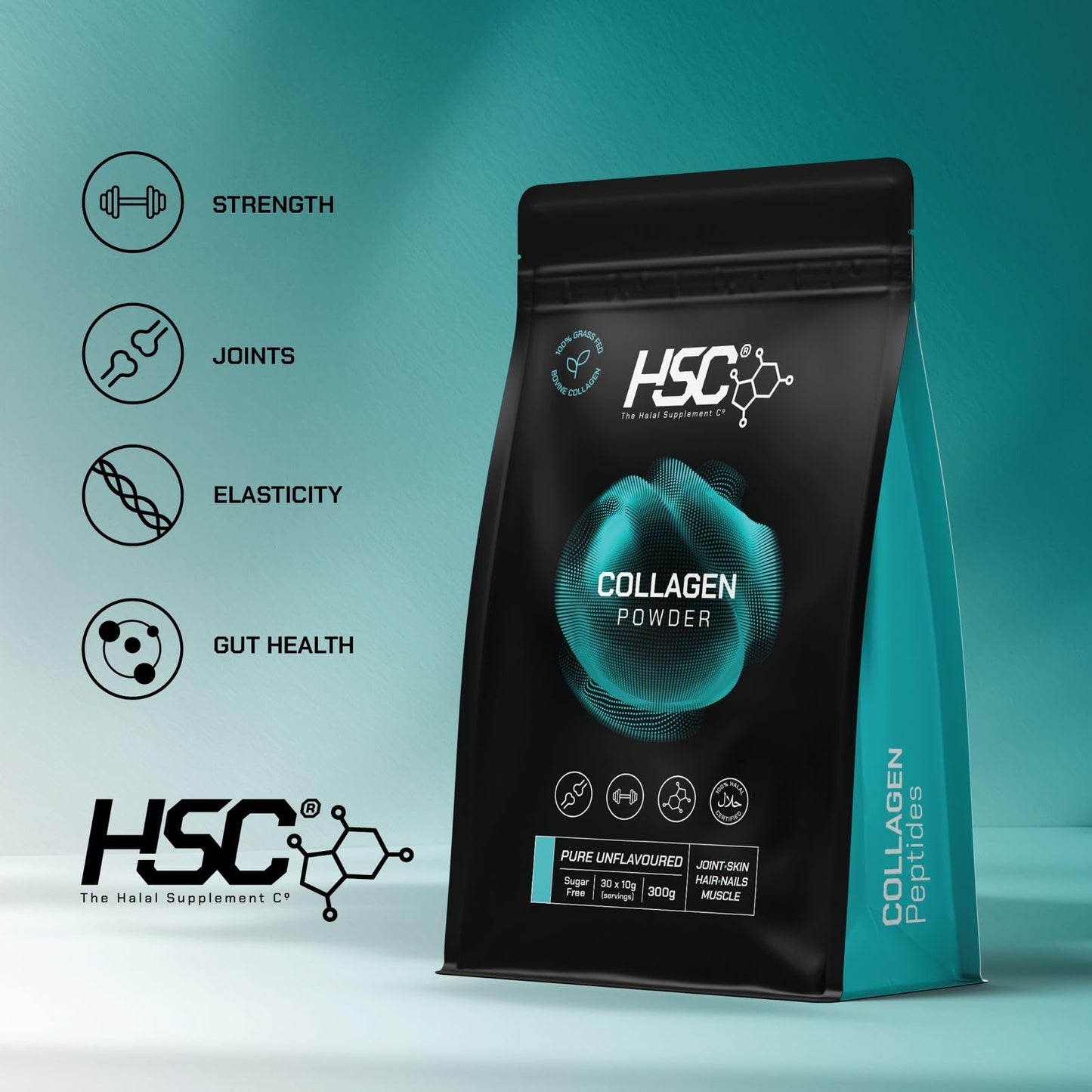 The Halal Supplement Co. - Halal Bovine Collagen Peptides Powder 300g for Hair, Skin, Nails, Joints & Muscles - 100% Grass Fed Hydrolysed Bovine Collagen (Type I & III) for Women and Men
