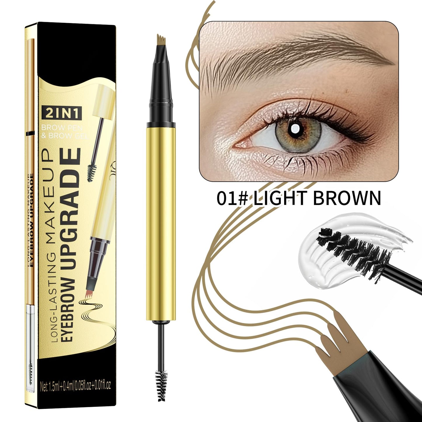 Weixinbuy 2-IN-1 Microblading Eyebrow Pen Long-lasting, Waterproof Eyebrow Pencil Dual-Ended with 4-Fork-Tip & Brow Brush & Clear Brow Gel, Fluffy & Defined Brows for Natural-Looking (2# Light Brown)
