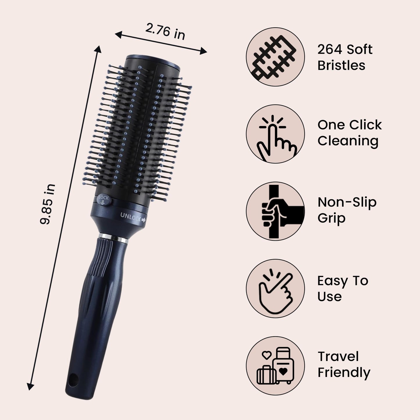 TJC Retractable Detangle Hair Brush for Curly Hair, Straight Hair & Wet Hair | Detangling Round Hairbrush for Blow Dry | Soft Bristle for Long, Thick & Curly Hair | Easy Clean Travel Brush - Navy Blue