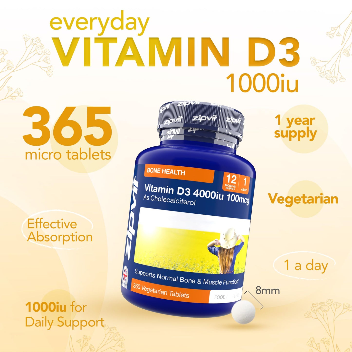 Zipvit Vitamin D 1000IU, 1 Year Supply, 365 Vegetarian D3 Tablets, High Absorption, Easy-to-Swallow Vitamin D Tablets for Immune, Bone & Muscle Health