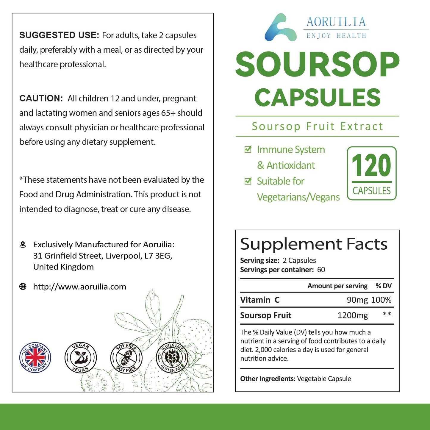 Aoruilia Soursop Capsules with Vitamin C - 1200mg Soursop per Serving - Soursop Fruit Extract Capsules for Immune & Antioxidant, Herbal Supplement for Men & Women, Natural & Vegan - 120 Capsules
