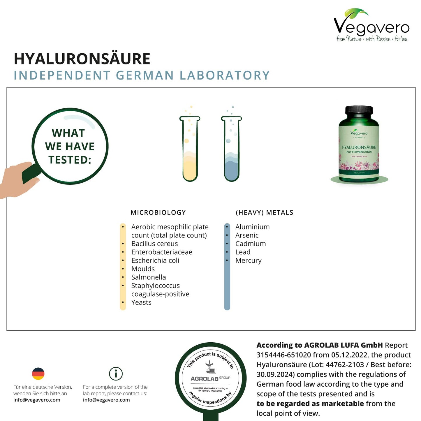 Hyaluronic Acid Supplements Vegavero® | NO Additives, Lab-Tested | High Strength 600mg with 800-1500 kDa | 180 Hyaluronic Acid Capsules (6 Months) | Vegan