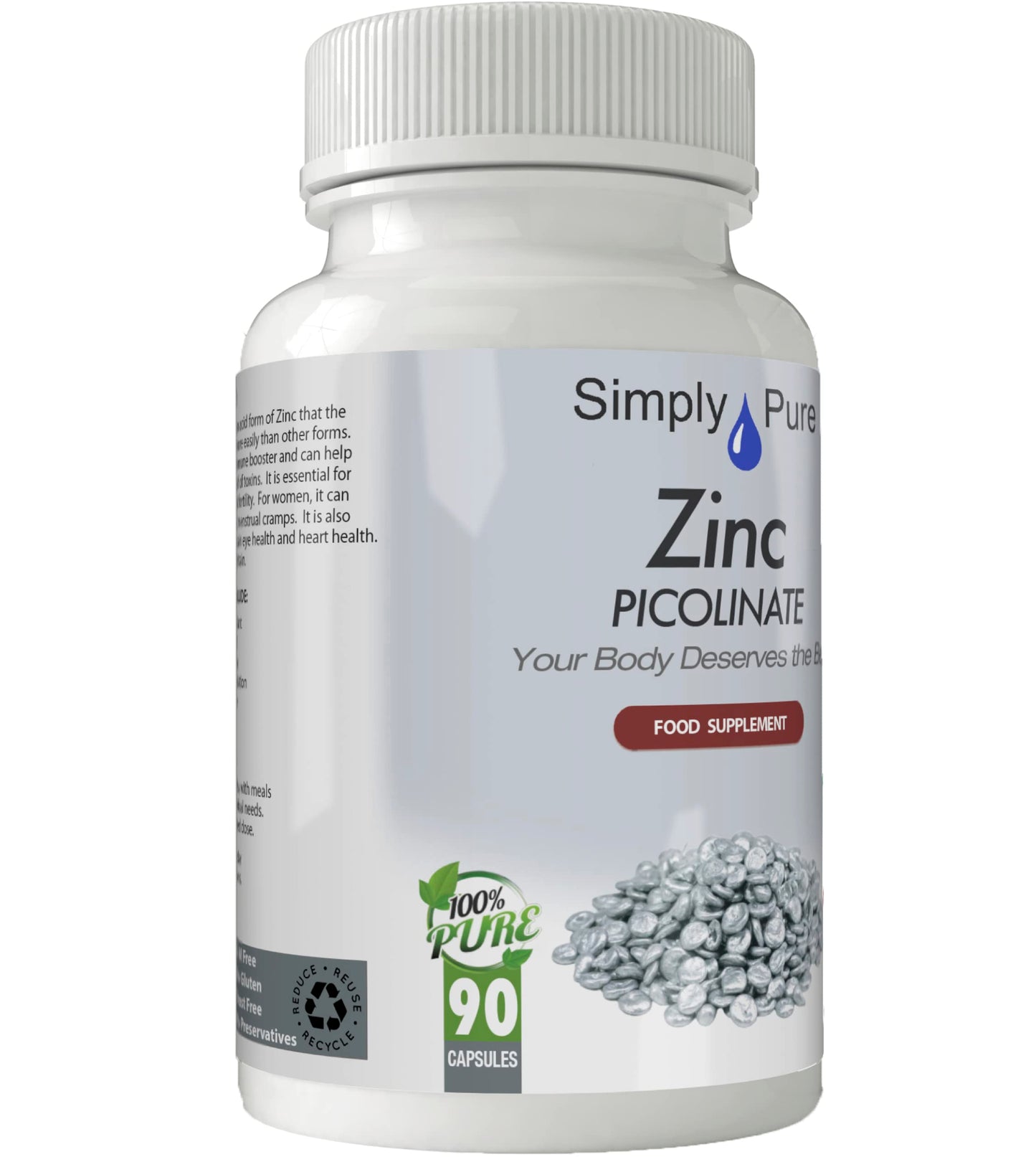 Simply Pure Zinc Picolinate Capsules 30mg x 90, with Added Copper, Gluten Free, GM Free, Vegan