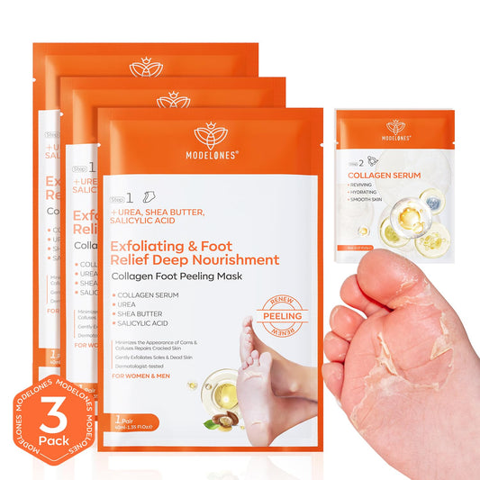 modelones Modelones Foot Peeling Mask 3 Pack, Exfoliating Foot Mask for Dry Cracked Feet, Callus Dead Skin Remover, Additional 3 Pack Collagen Serum for Reviving Baby Soft Smooth Touch Feet, Women and Man