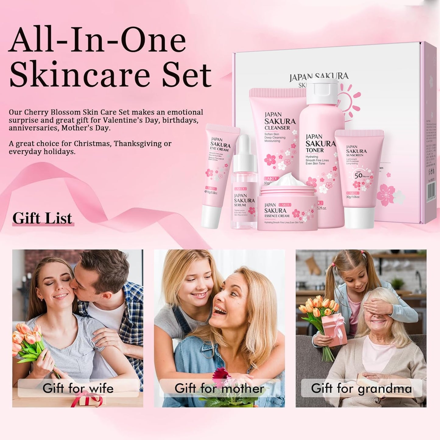 SALROAL Skin Care Sets & Kits,Skin Care For Teenage Girls,Cherry Blossom Skincare Sets,Pamper Sets For Women Gifts,Facial Kit with Cleanser,Toner,Serum,Eye,Essence Serum,sunscreen