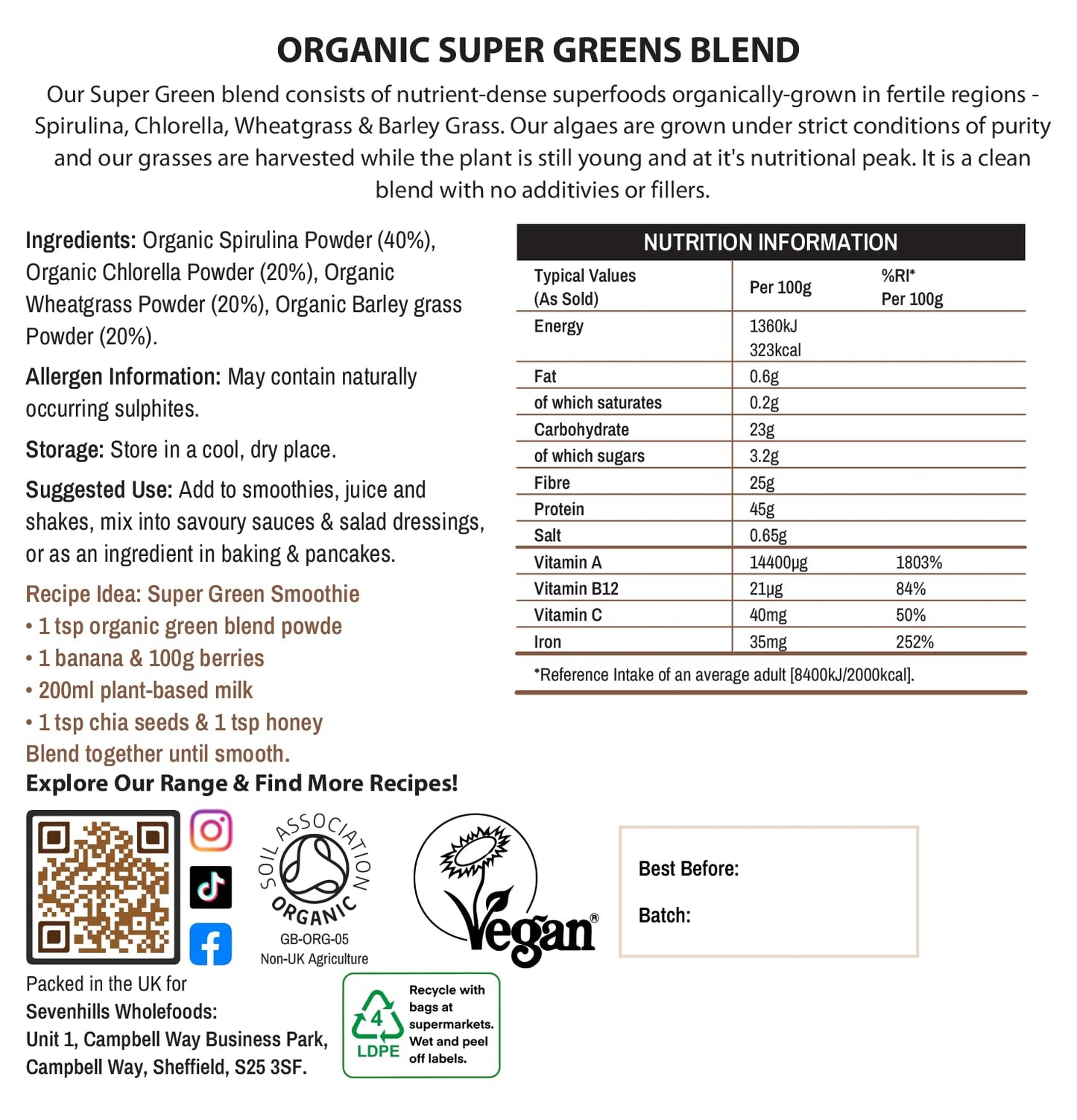 Sevenhills Wholefoods Organic Super Greens Blend 400g | with Spirulina, Chlorella, Wheatgrass, Barley Grass | Supports Skin, Immunity & Reduce Tiredness | 80 Servings | UK Made
