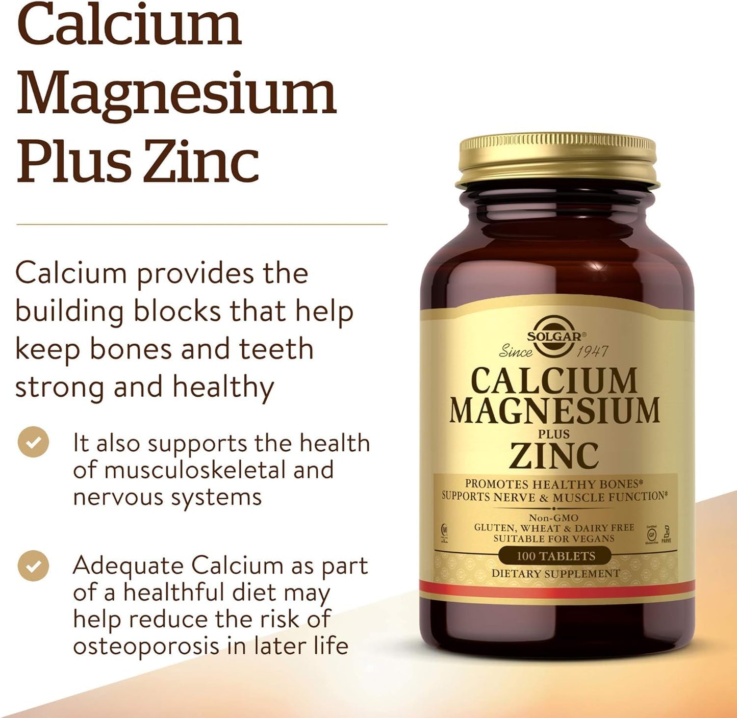 Solgar® Calcium Magnesium Plus Zinc Tablets - Pack of 100 - Healthy Bones, Teeth & Muscles - Supports Health of Nervous System - Vegan
