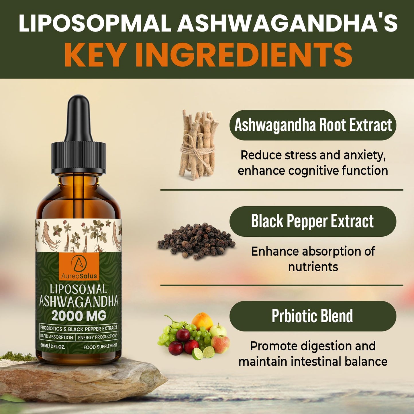 AureaSalus Liposomal Ashwagandha Drops 2000mg, Pure Natural Ashwagandha Extract, Enrich Probiotics & Black Pepper Extract, Stress Relieve Supplements, Increase Energy 60ML (60 ml (Pack of 2))