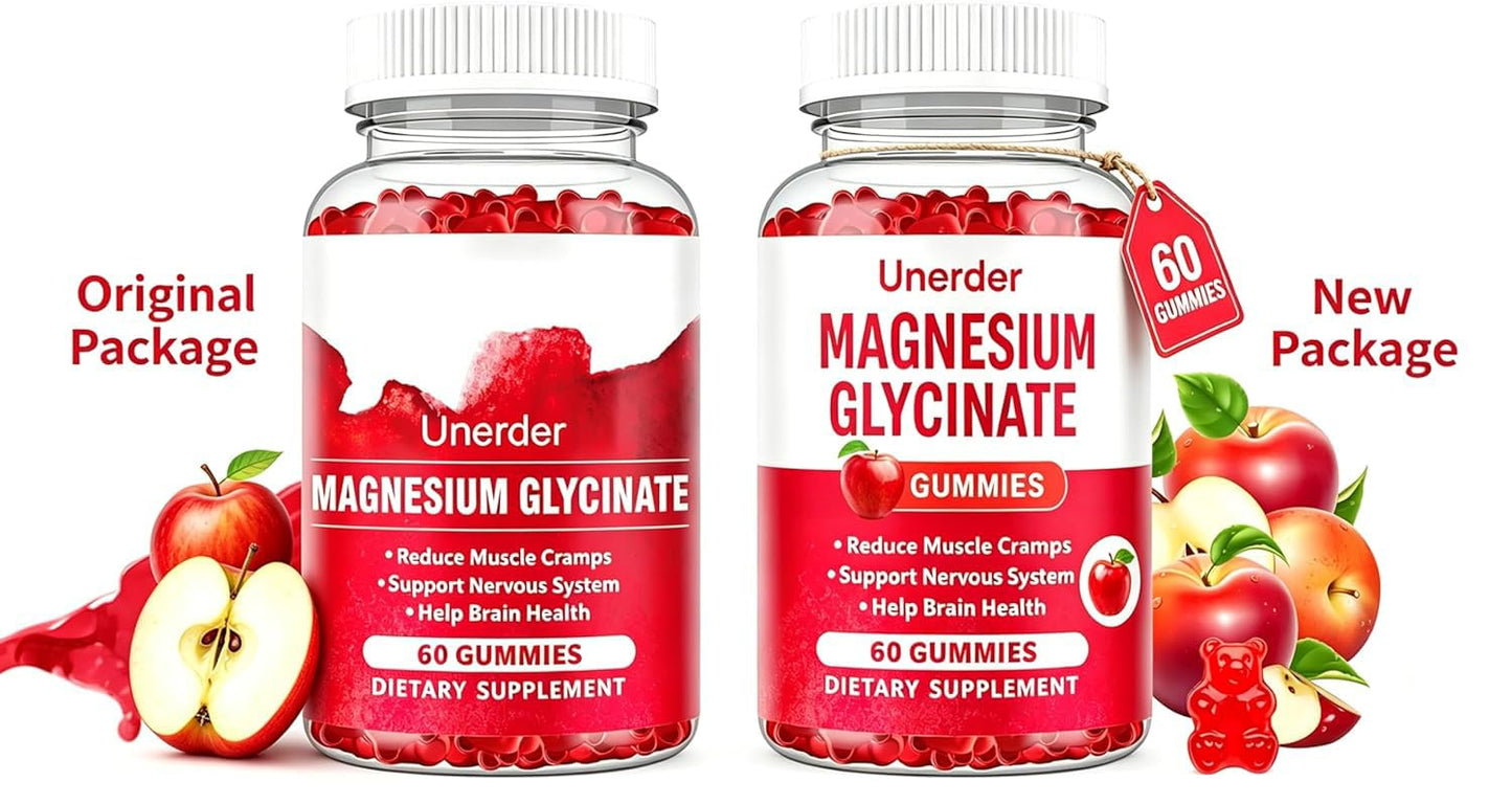 Unerder Magnesium Glycinate Gummies - 400mg High Absorption Formula for Sleep, Stress Relief & Muscle Health - Apple Flavor, 30 Days Supply for Adults,Non-GMO