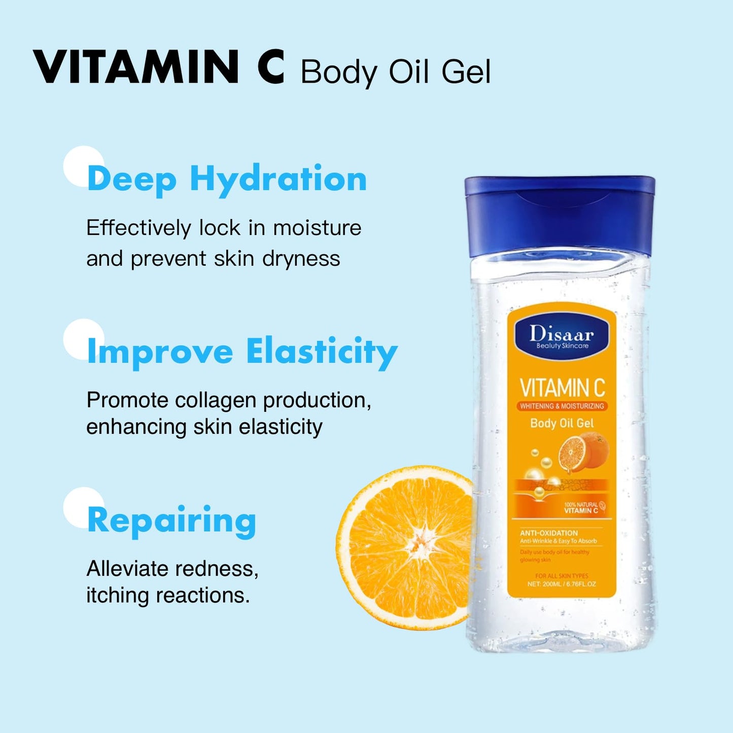 Vitamin C Body Oil with Gua Sha Tool - Essential Oils for Skin, Hydrating & Firming Moisturiser for Daily Skincare Routine, 200ml