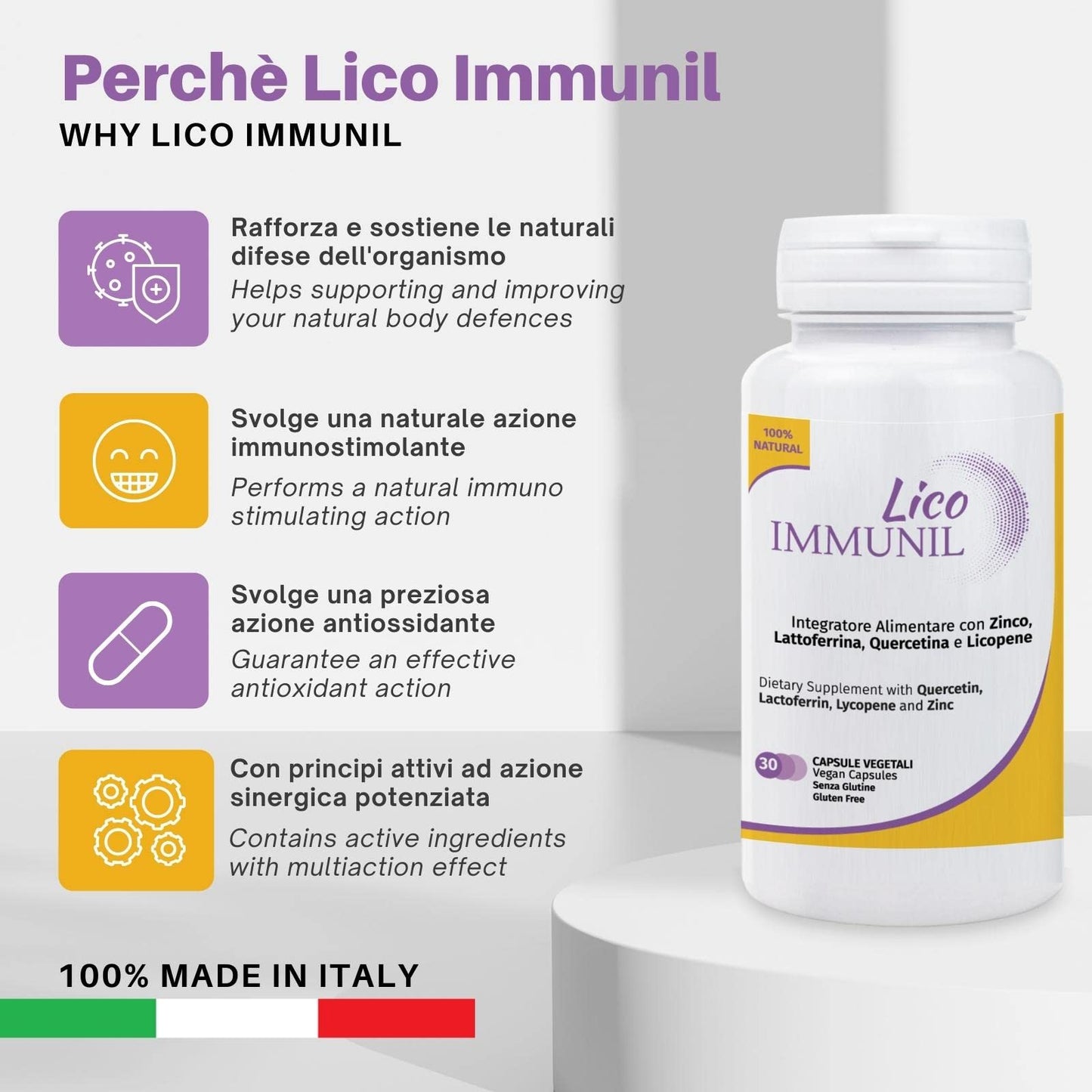 Licofarma Lico Immunil Immune System Support Supplement | Quercetin, Lactoferrin, Zinc, Lycopene | Natural Immune Support | Immune Booster | 30 Vegetables Caps