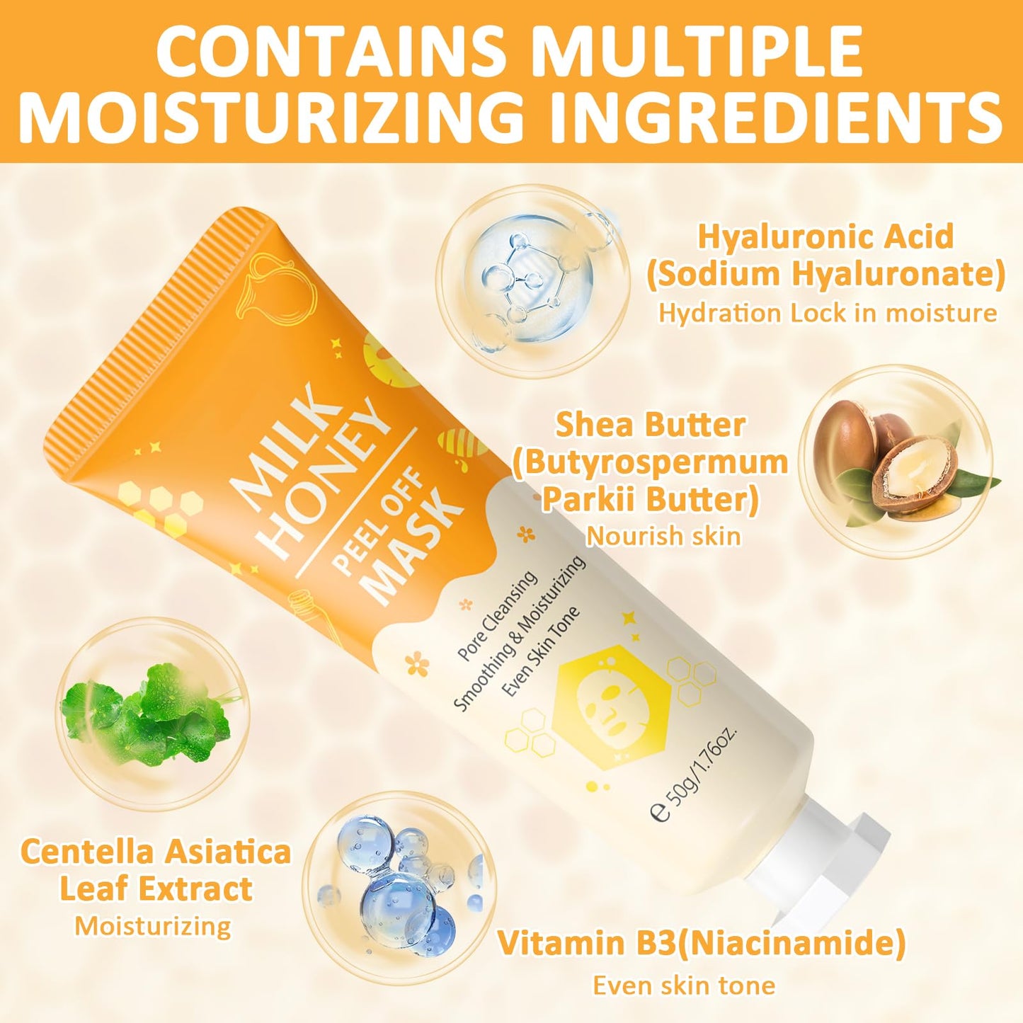 GMHLLES Honey Tearing Mask, Peel off Mask with Natural Propolis, Skin Clean Pores Shrink, Hydrating and Moisturizing, Reduces Fine Lines & Wrinkles(50g 2PCS)