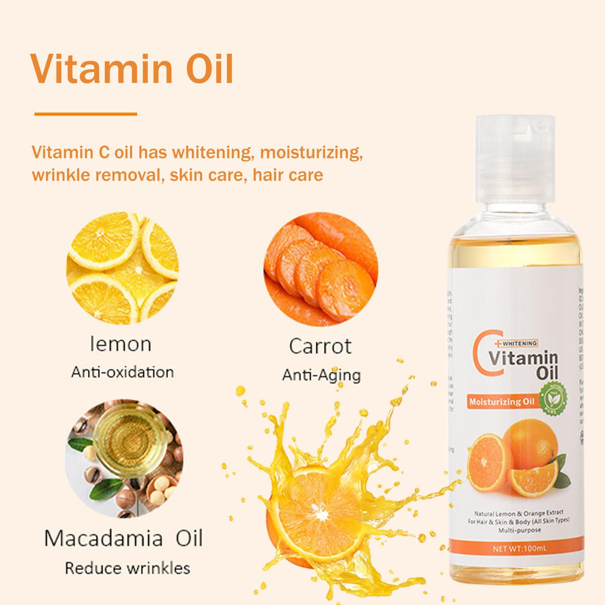 MrCuvaryas Vitamin C Oil, Massage Oils for Massage Therapy, Body Oil, Natural Massage Oils for Massage Therapy, Eyelashes, Hair, Eyebrows Growth, Moisturiser for Skin (Vitamin C)