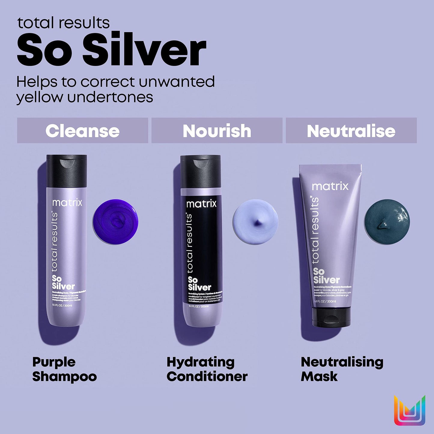 Matrix So Silver, Purple Shampoo to brighten Blonde, Grey and Silver Hair, helps to neutralise unwanted yellow undertones Total Results 300ml