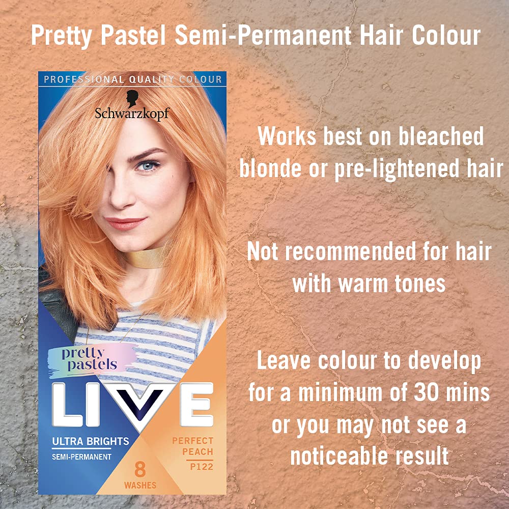 Schwarzkopf LIVE Pretty Pastels Semi-permanent Peach Copper Hair Dye, Lasts Up To 8 Washes - Perfect Peach P122 (Pack of 3)