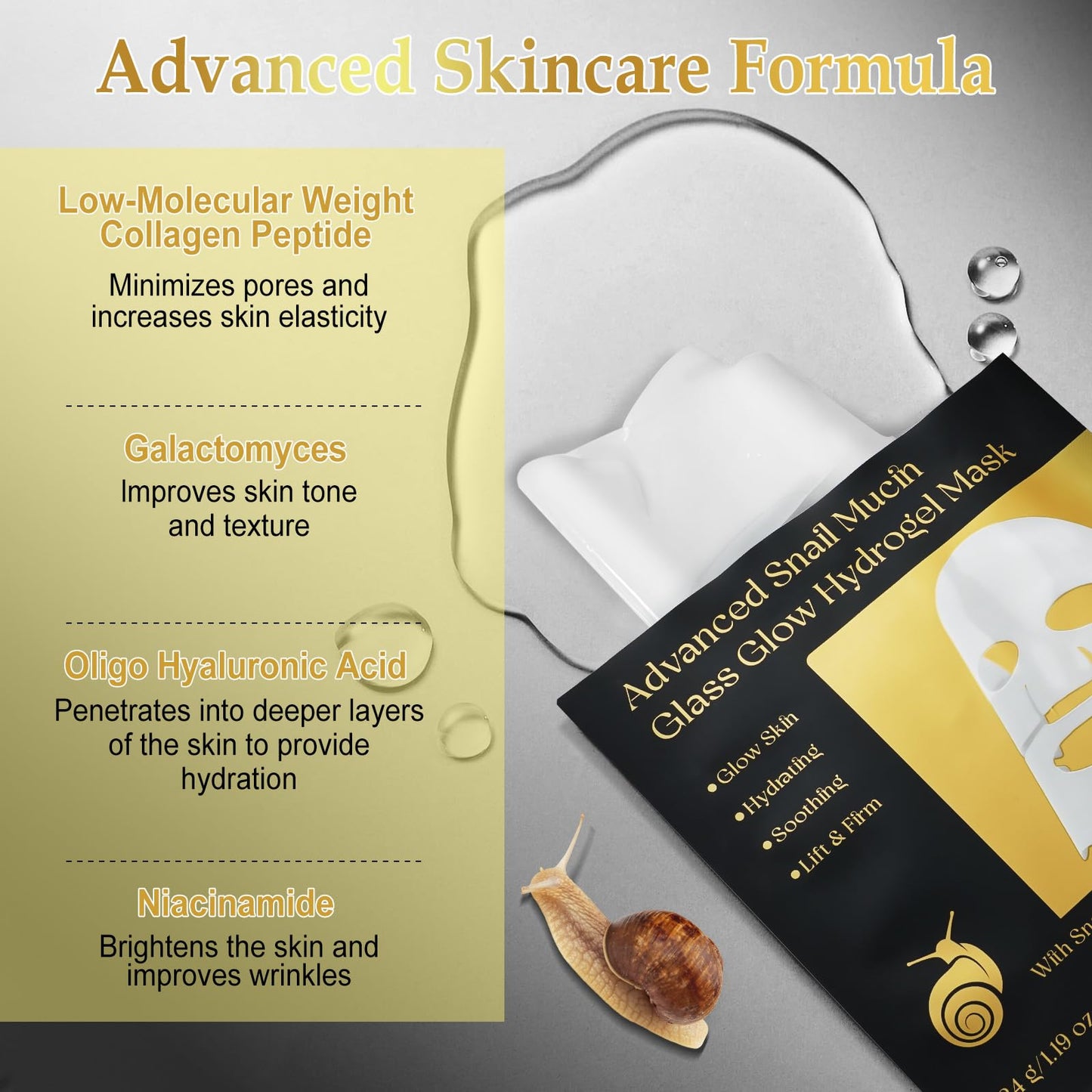 ITSDAWN 6 Pack Advanced Snail Mucin Serum Glass Glow Face Masks, Collagen Face Mask, Hydrating Overnight Hydrogel Mask for All Skin Types
