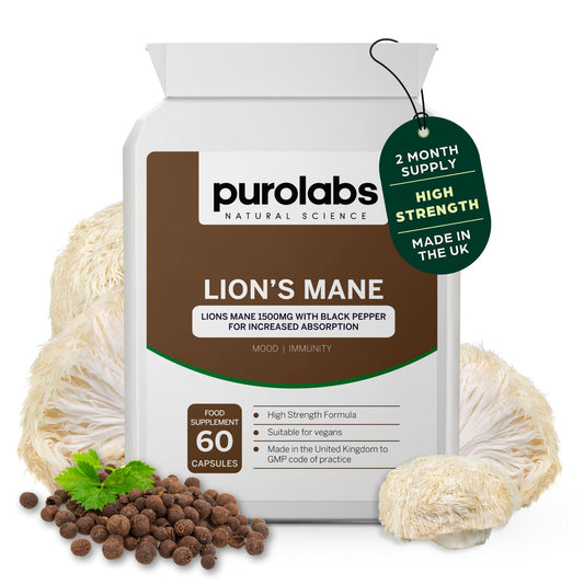 Lions Mane Mushroom Extract Supplement 1500mg - 60 High Strength Vegan Capsules with Black Pepper - Made in The UK by Purolabs