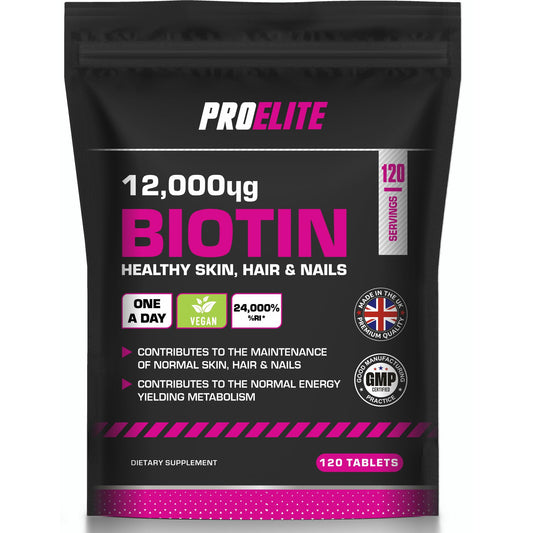 Biotin Hair Growth Supplement 12,000mcg - 120 Vegan High Strength Biotin Tablets - Hair and Nails Vitamins for Women & Men - Supports Hair, Skin & Nail Growth Vitamin B7 Tablets - PROELITE