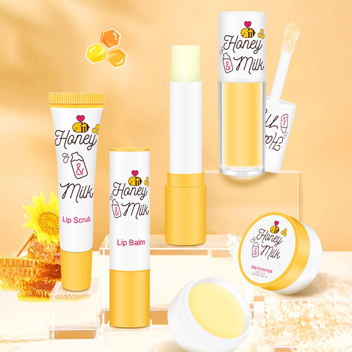 HAORQEE 4PCS Lip Care Set - Lip Mask Lip Balm Lip Scrub Lip Oil, Honeybalm Sleeping Mask Lip Scrub Exfoliator Lip Repair Sets, Moisturizing Hydrating Reduce Lip Lines Lip Balm Set for Dry Peeling Cracked Lips