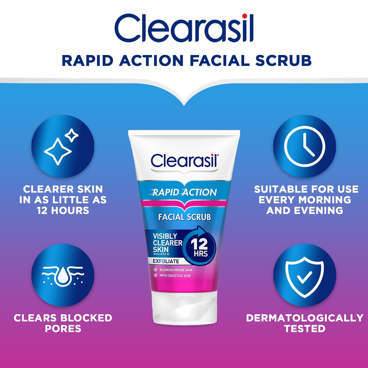 Clearasil Rapid Action Exfoliating Scrub, For Acne Prone Skin, Unclog Pores, Reduces Blackheads, Pimples & Excess Oil, Everyday Spots Prevention, 125 ml