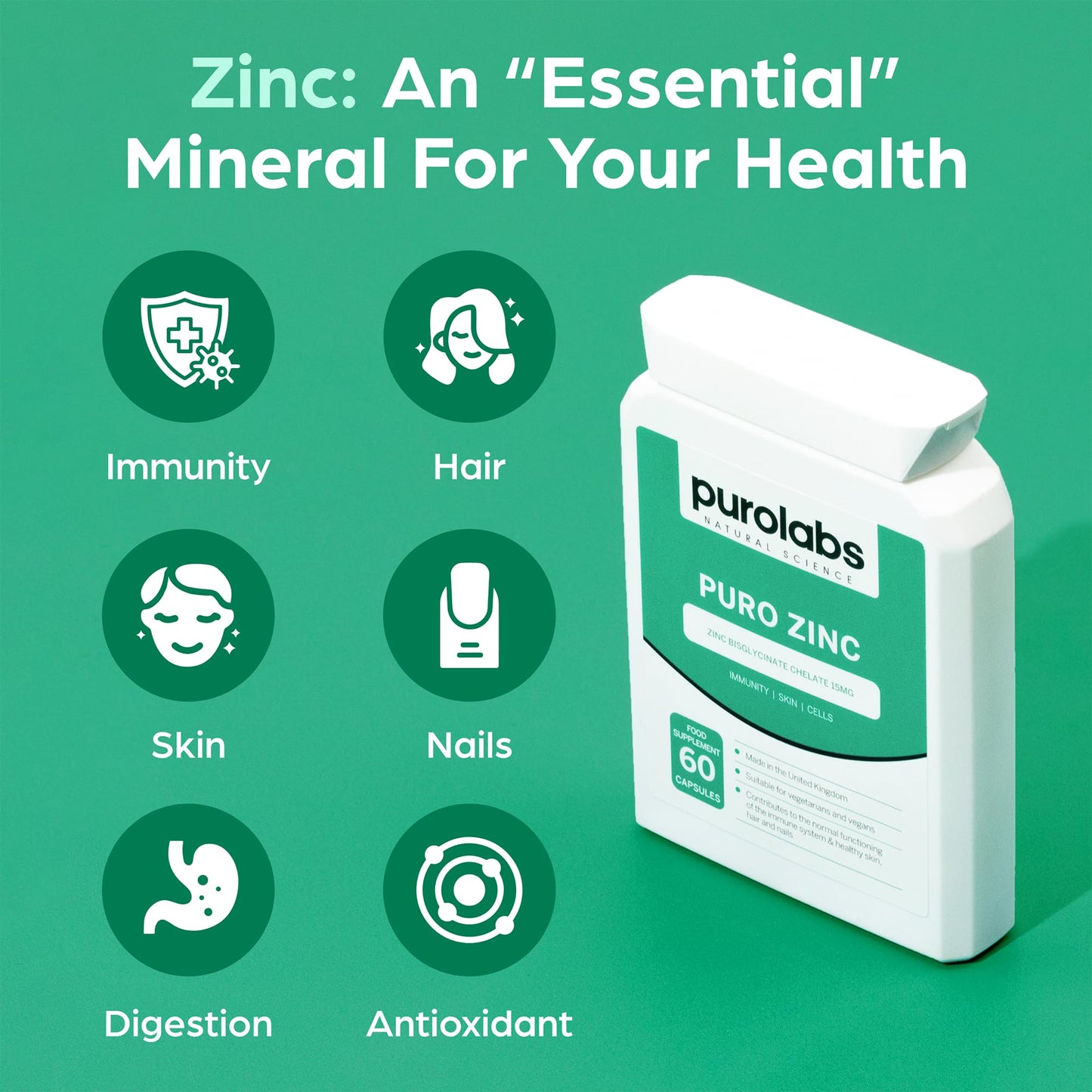 High Strength Zinc Supplement 15mg - Chelated Zinc Bisglycinate - 60 Vegan Capsules - High Absorption - for Men and Women - Made in The UK by Purolabs