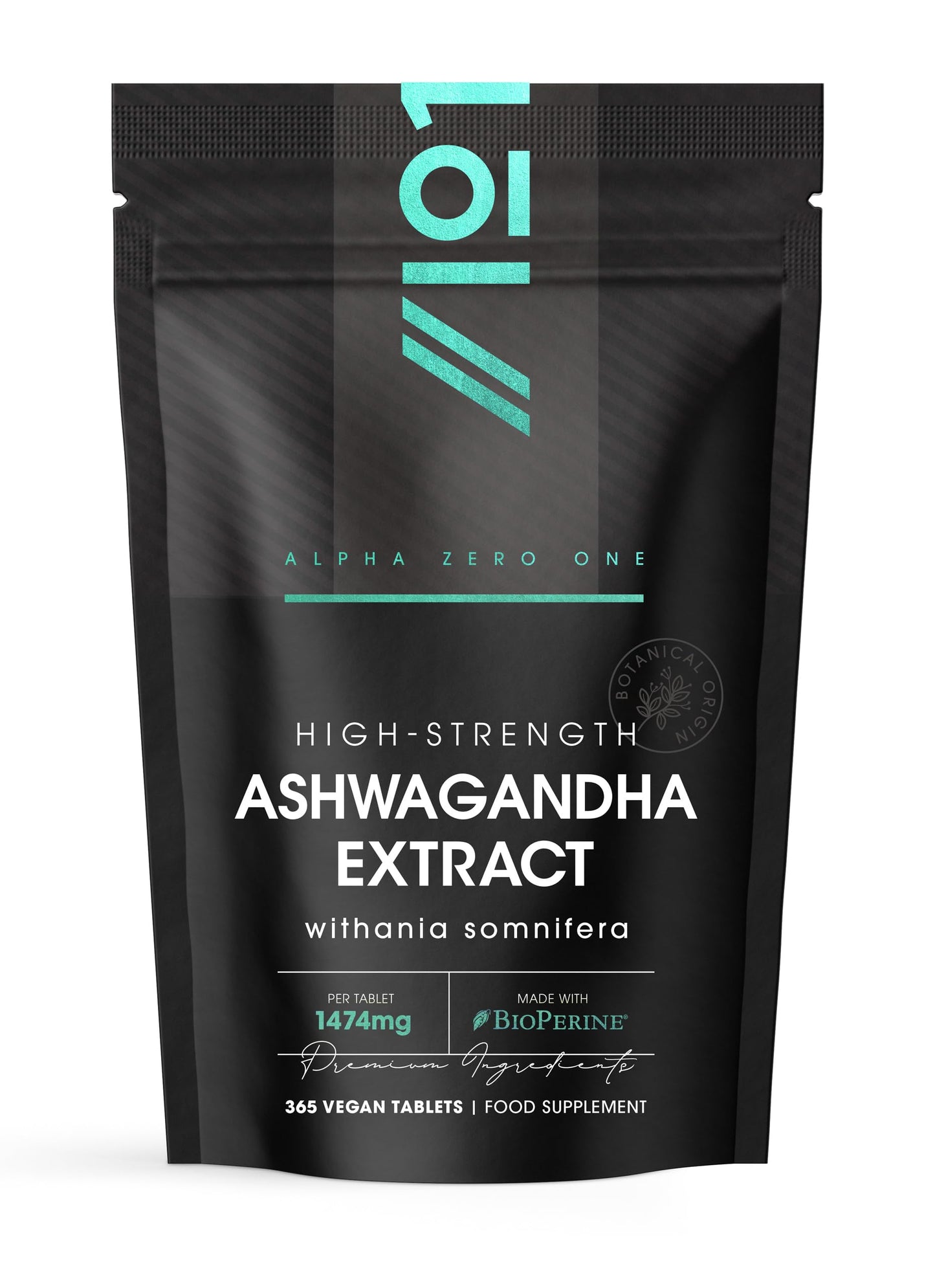 ALPHA01 Ashwagandha Extract 1474mg with BioPerine® - 365 Vegan Tablets (1 Year Supply) - Potent 3% Withanoids - High Strength Ashwagandha Root Extract (not Ashwagandha Capsules)