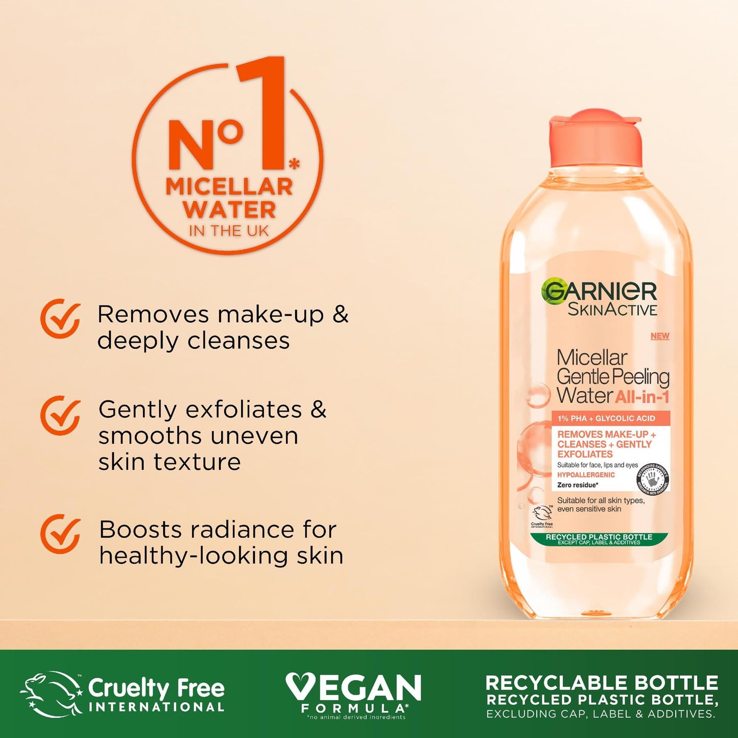 Garnier All-in-1 Micellar Water, Removes Make-Up, Cleanses, Exfoliates & Boosts Glow, Suitable for Face + Lips + Eyes, 1% PHA & Glycolic Acid, Vegan, Gentle Peeling, 400ml