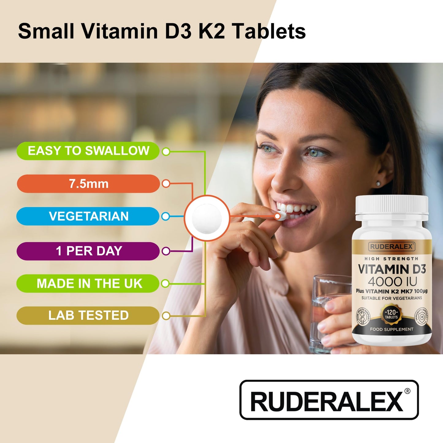 Ruderalex Vitamin D3 K2 High Strength 120 Tablets, Vitamin D3 4000 IU and K2 (MK7) 100mcg, Vegetarian