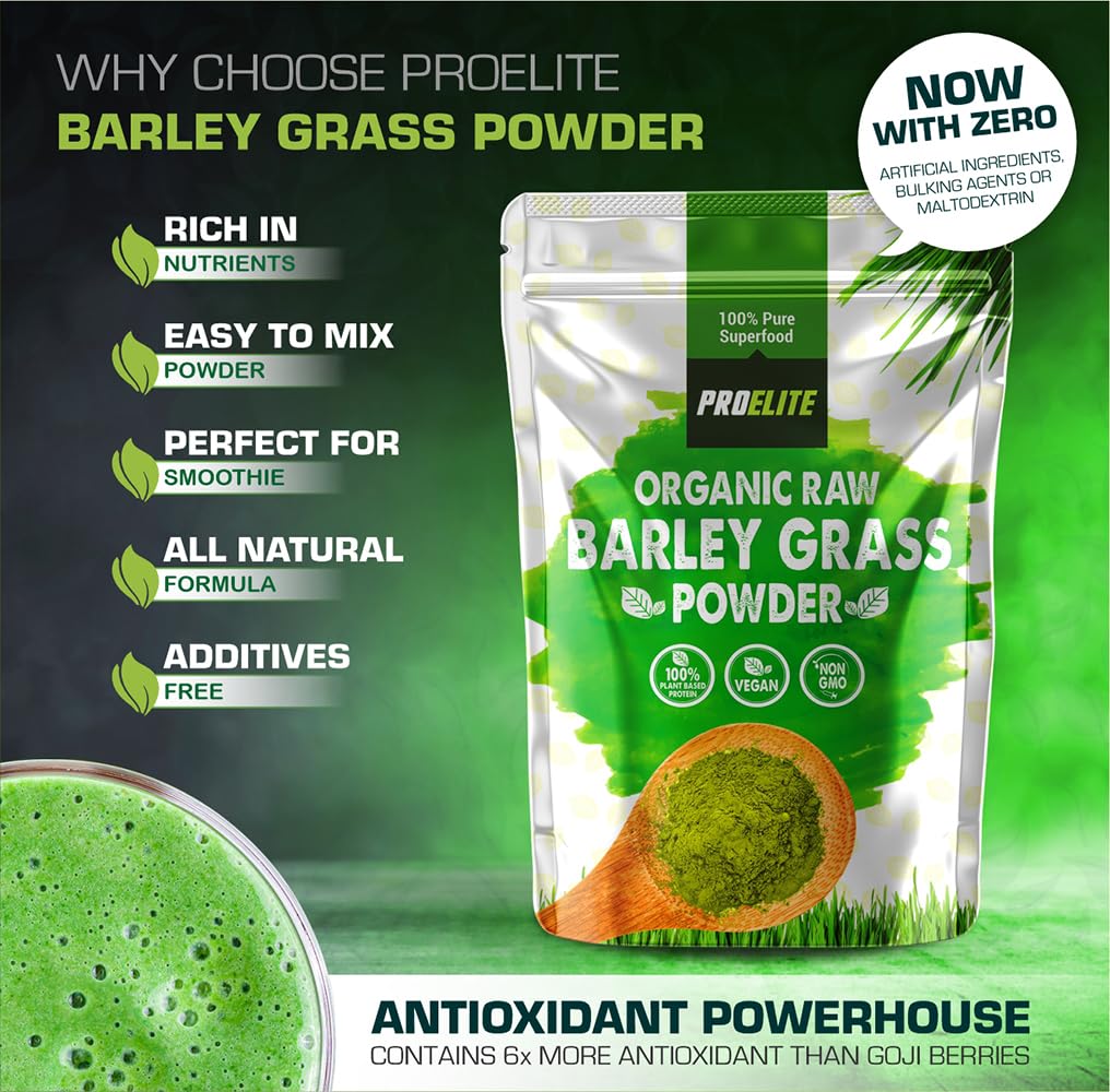 Organic Barley Grass Powder 500g - Certified Organic Grown in EU - 100% Raw Natural Gluten Free Superleaf Superfood Powder for Smoothies & Juices PROELITE