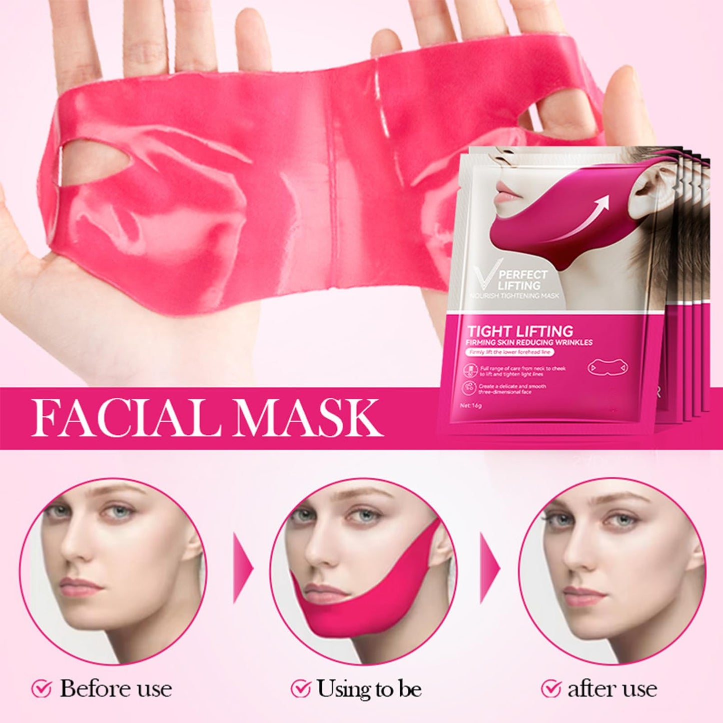 AurolaGlow Double Chin Lifting Mask - V Edge Patches Face Lift - V-Line Collagen Face Mask - 3 Pcs for Firming & Tightening Skin, Lifting Double Chin & Defining Jawline