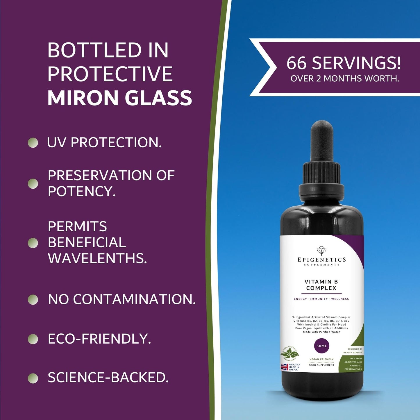 Epigenetics Vitamin B Complex Liquid Drops 50ml | 2 Months Supply, 66 Servings. High Strength Vitamin B12 Methylcobalamin & Adenosylcobalamin, B1, B2, B3, B5, B6 with Choline, Folic Acid | UK Made & Vegan