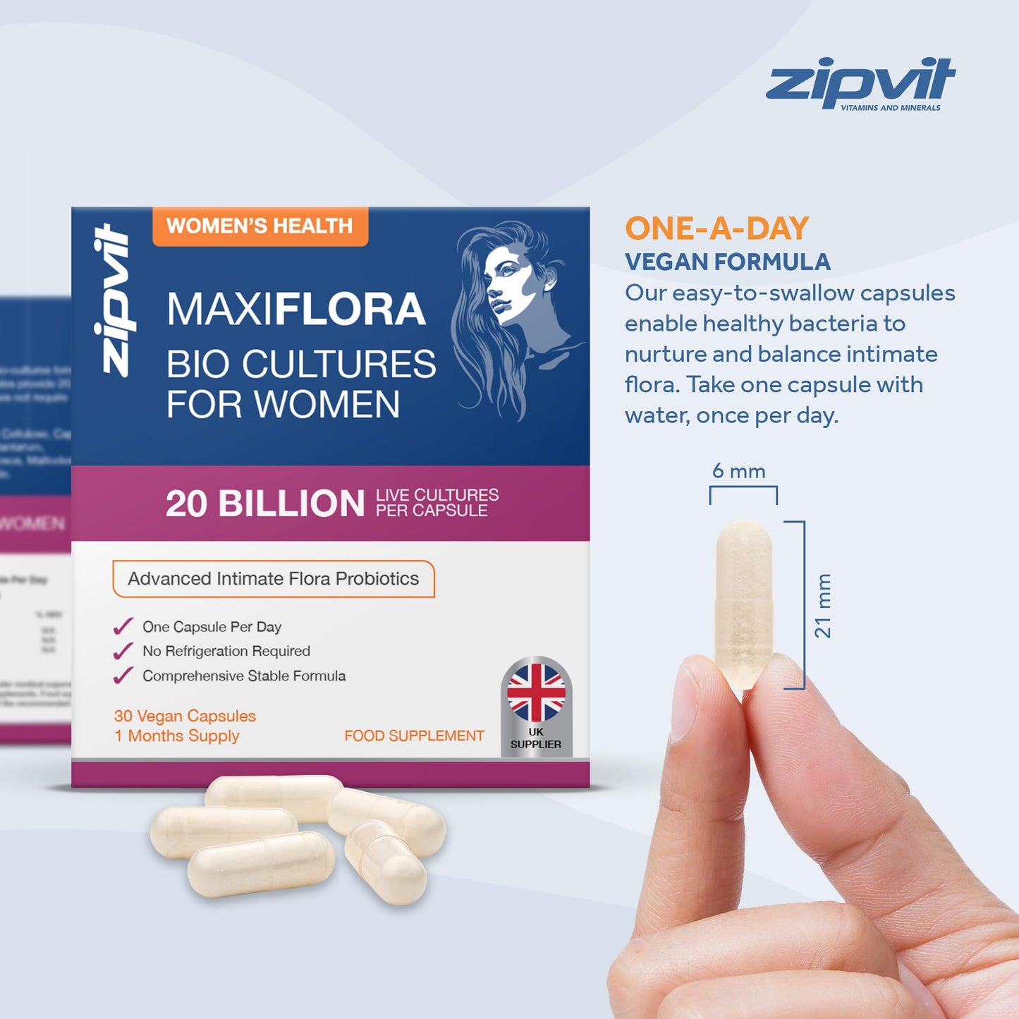 MaxiFlora Probiotics for Women, Intimate Flora Bio Cultures, 20 Billion CFU. 30 Vegan Capsules, 1 Month Supply.