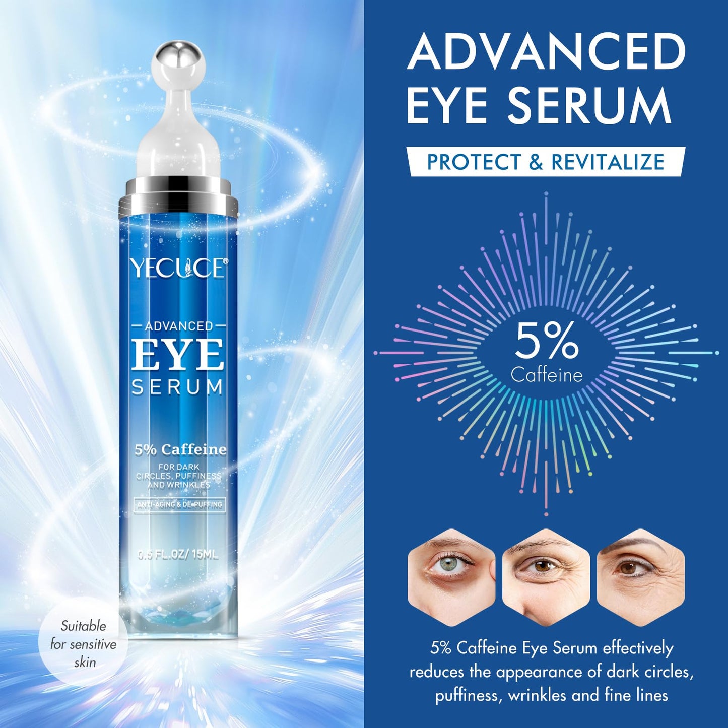 Generic Eye Serum for Dark Circles and Puffiness, Under Eye Serum with 5% Caffeine Anti Aging Smooths Fine Lines and Wrinkle Appearance, Eye Cream with 360° Eye Roller Massage Ball