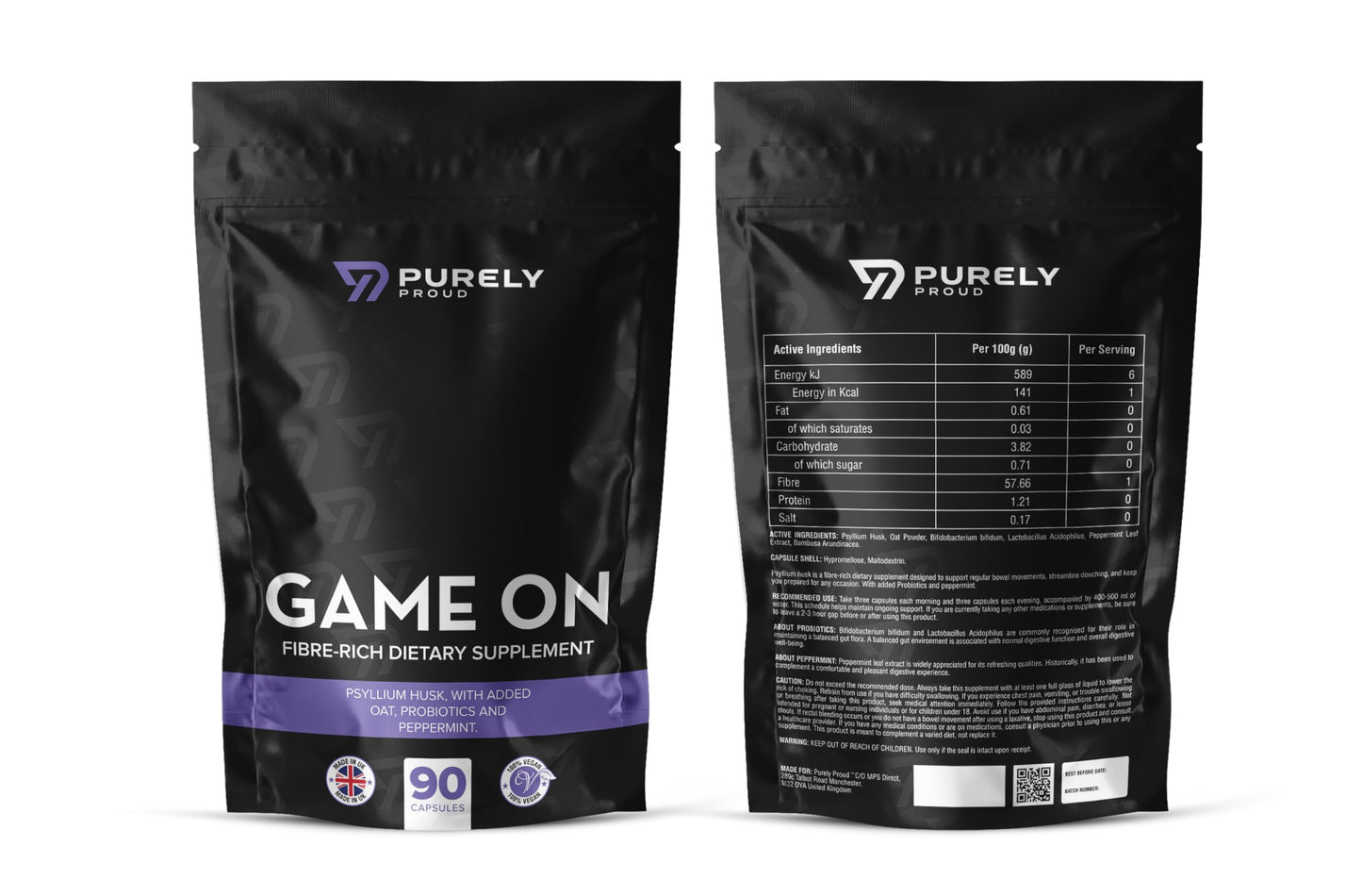 Purely Proud Game ON – Fibre Rich Supplement for Bottoms | Stay Ready with Psyllium Husk, Probiotics, Peppermint | Supports Digestion, Gut Health & Clean Confidence | Vegan | 90 Capsules | Made in UK