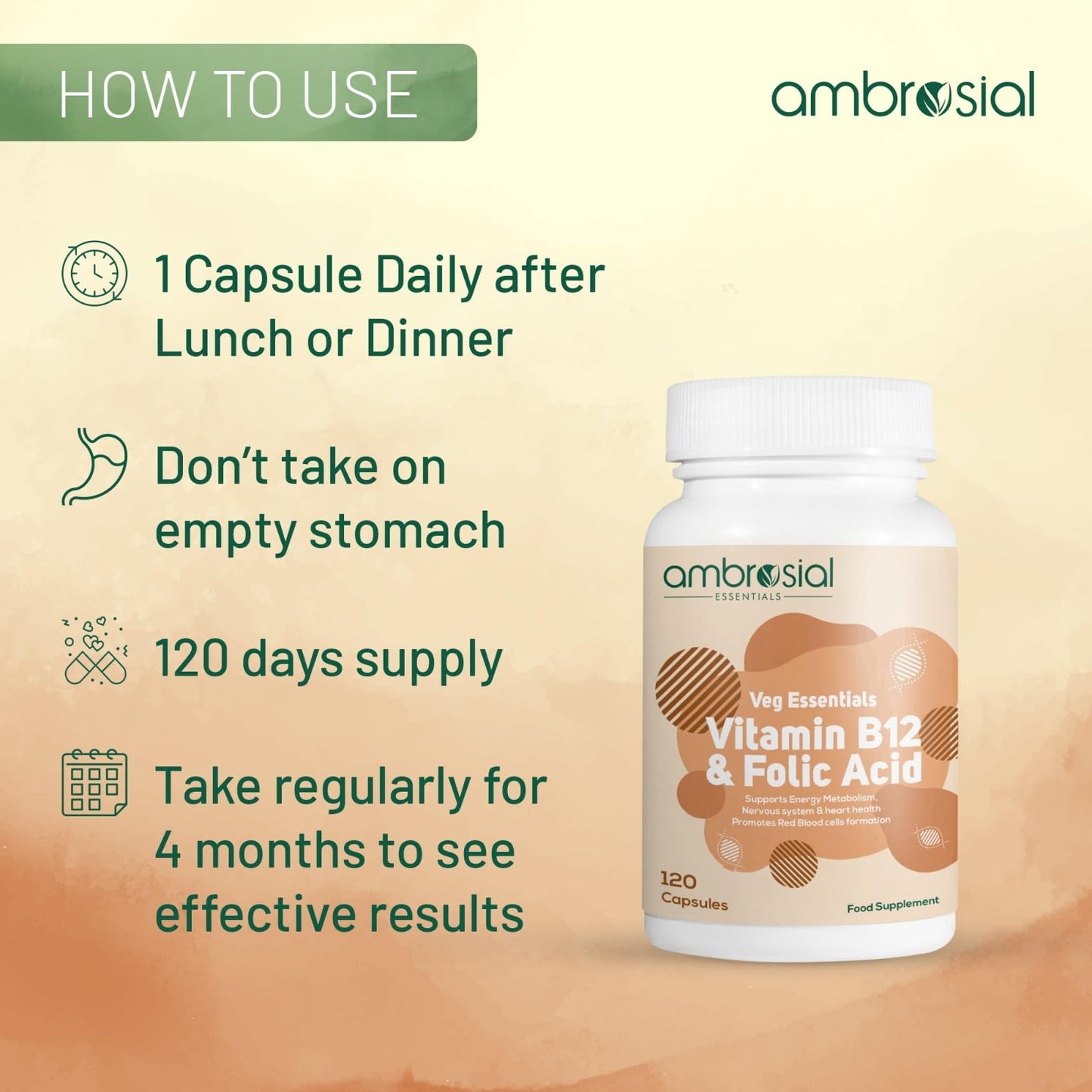 Ambrosial Vitamin B12 1000 mcg + 500 mcg Folic Acid | 1500 mcg | Folic Acid | Reduction of Tiredness & Fatigue | B12 Supplement | Immune System, Energy & Brain Support (Pack of 1-120 Capsules)